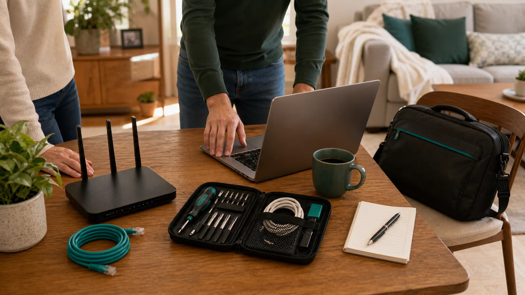 Technicien informatique aidant un client à son domicile