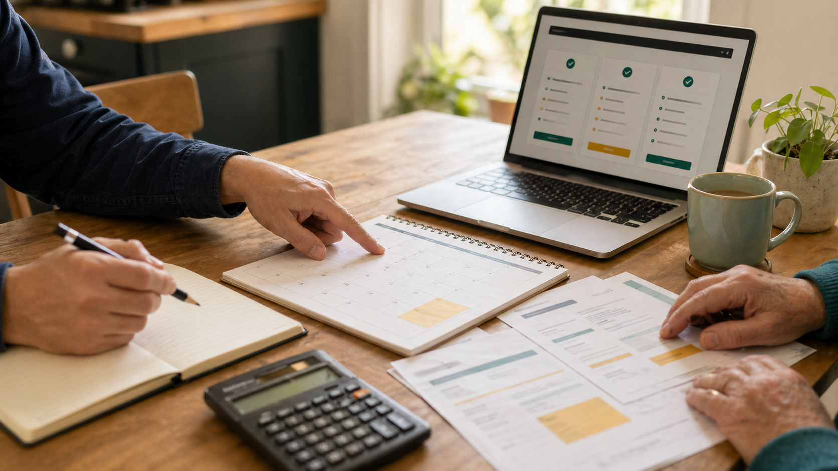 Technicien et client regardant un calendrier, une calculatrice et des documents de service