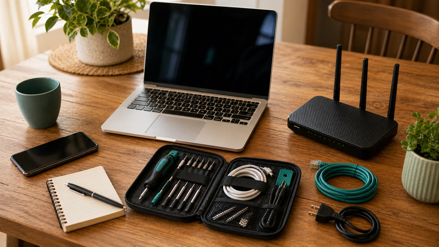 Table de travail avec ordinateur, routeur, téléphone et outils de dépannage informatique